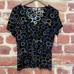 Chicos Top Women's Medium Black Multicolor Abstract Circles Slinky Popover Shirt